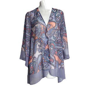Soft Surroundings Open Front Kimono Cardigan Top Medium Paisley Blue Sheer